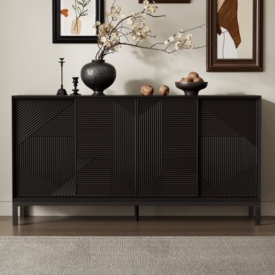 Modern Geometric Accent Console Cabinet with Vertical Striped Sliding Doors, Wood Veneer Top, 2 Drawers, Black Storage Sideboard