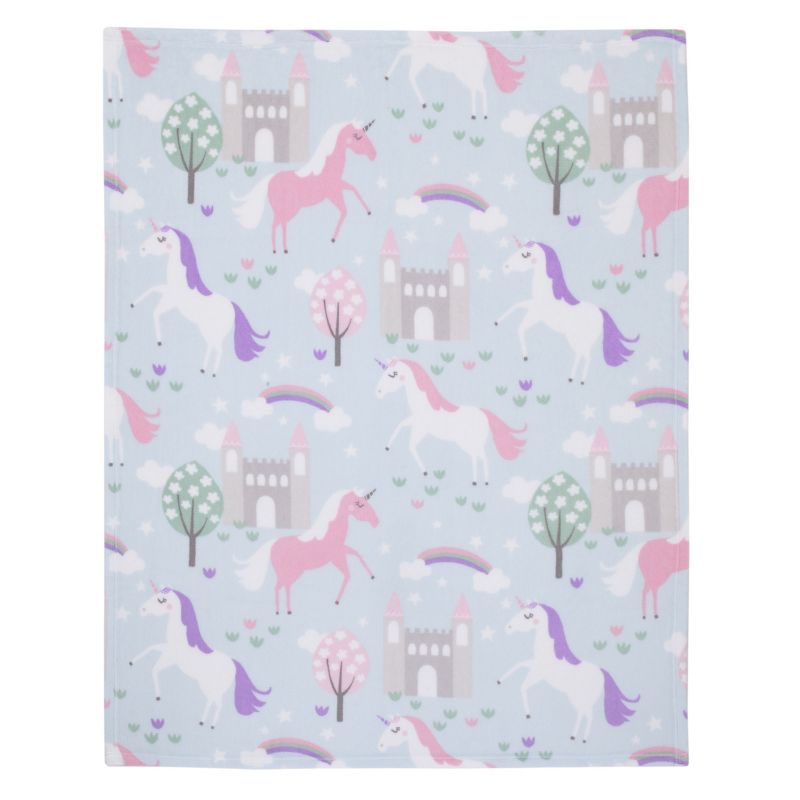 Everything Kids Unicorn Aqua, Pink and White Castles and Rainbows Super Soft Toddler Blanket, 2 of 5
