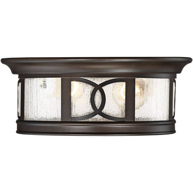 John Timberland Modern Flush Mount Outdoor Ceiling Light Fixture Mission Oil Rubbed Bronze Drum 12" Seedy Glass Damp Rated for Porch Patio, 5 of 9
