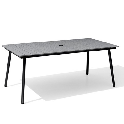 Crestlive Products Outdoor Dining Table Patio Dining Table with Wooden-Like Top and Aluminum Frame, Rectangular Table with Umbrella Hole
