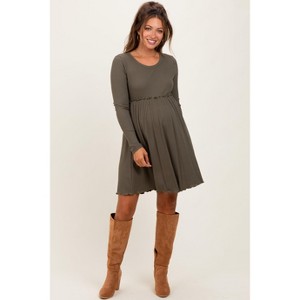 Pinkblush Olive Solid Ribbed Long Sleeve Crewneck Shirring Maternity Mini Dress - 1 of 4