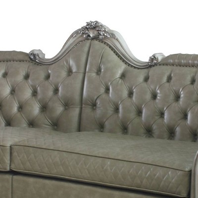 Vintage Bone White Faux Leather Tufted Sofa with Nailhead Trim