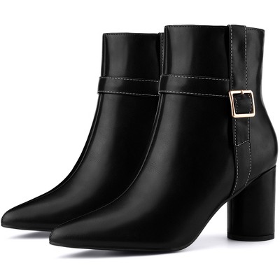 BLISSFUL STEP Women's Pointed Toe Block Chunky Heel Buckle Decor Ankle Boots