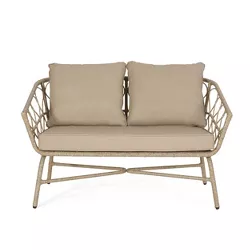 Bruce Outdoor Wicker Loveseat with Cushions Light Brown/Beige - Christopher Knight Home