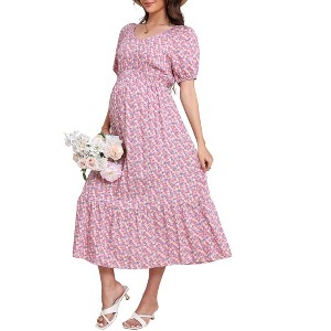 Clearlove Women's Floral Long Dress V Neck Short Sleeve Ruffle Tiered Layered Swing Dresses - Pink,Small - 1 of 4