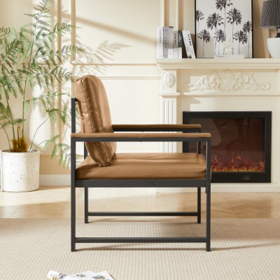 Camel Tech Fabric Armchair, Retro Lounge Style, Extra Soft Upholstery and Cushions, Black Metal Frame