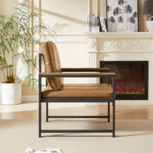 Camel Tech Fabric Armchair, Retro Lounge Style, Extra Soft Upholstery and Cushions, Black Metal Frame - 1 of 4