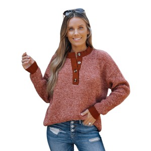 Women's Round Neck Long Sleeve Henley Sweater - Cupshe - 1 of 4