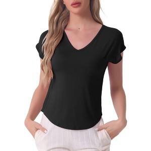 cheibear Women's Viscose Smile-shaped Hem V-Neck Pajamas Top with Chest Pocket - 1 of 4