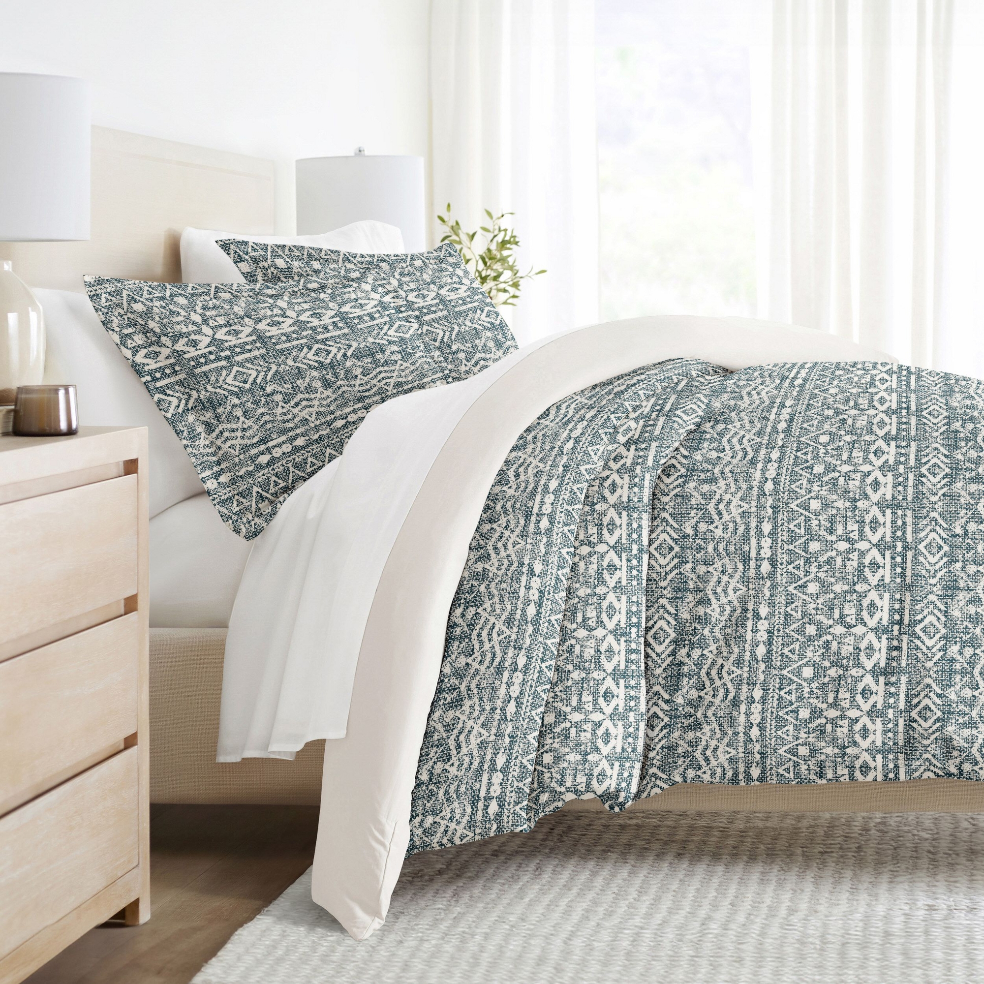 3PC Duvet Cover & Shams Set, Modern Boho Prints, Ultra Soft - Becky Cameron, Modern Rustic / Navy, King/California King