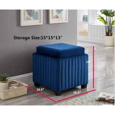 18 Inch Square Storage Ottoman Bench, Storage Bench with coffee tray,coffee table for Living Room Ottoman foot rest, BEIGE velvet fabric, Blue