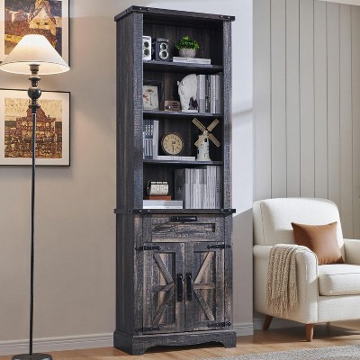 Farmhouse Bookshelf with Storage Cabinet, 72" Tall Bookcase with Drawer and Barn Door for Office Library, Living Room