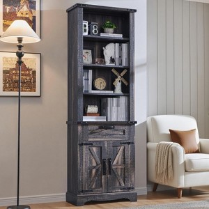 Farmhouse Bookshelf with Storage Cabinet, 72" Tall Bookcase with Drawer and Barn Door for Office Library, Living Room - 1 of 4