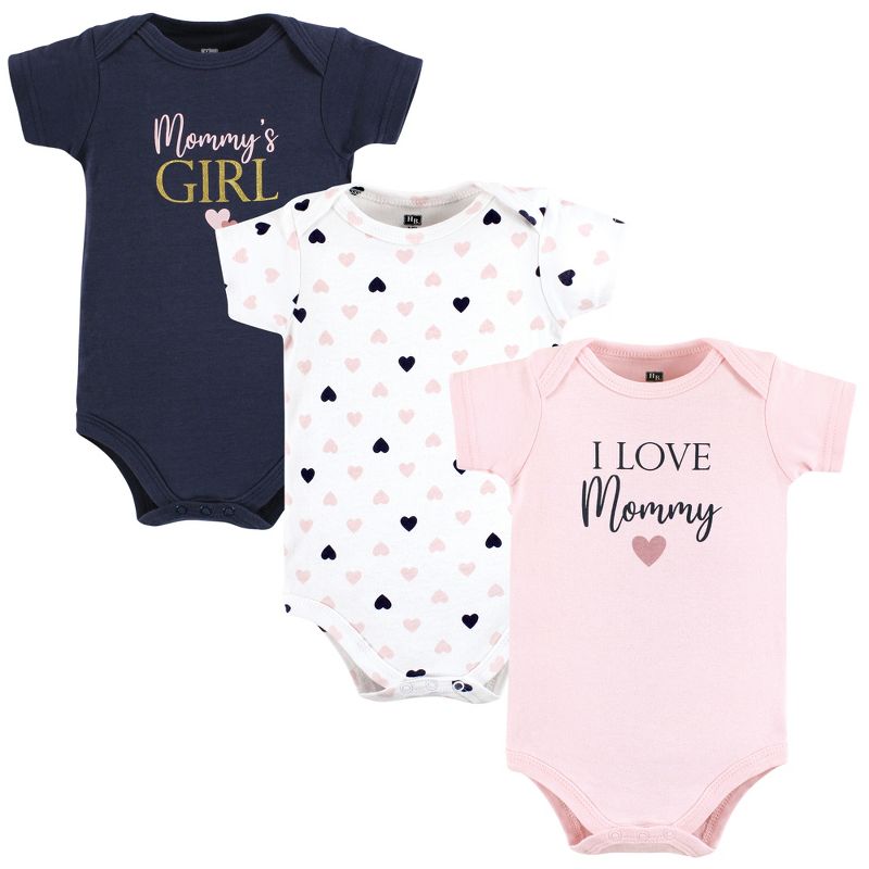 Hudson Baby Infant Girl Cotton Bodysuits, Girl Mommy Pink Navy 3Pk, 1 of 6
