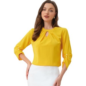 INSPIRE CHIC Women's Work Office Keyhole Pleated Front Ruched 3/4 Sleeve Chiffon Blouse - 1 of 4