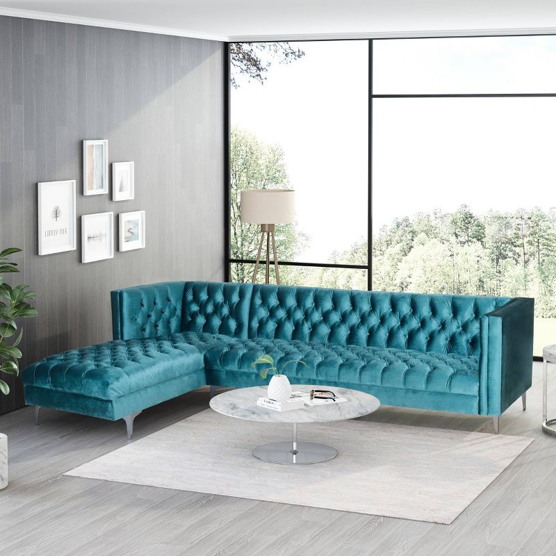Tignall Contemporary Tufted Velvet Chaise Sectional Teal/Silver - Christopher Knight Home, 3 of 15