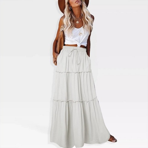 Womens Casual High Waist Tiered Skirts Long Maxi Skirt with Pockets Elastic Waisted Drawstring Swing Maxi Full Length Skirts,White - 2XL Womens Casual High Waist Tiered Skirts Long Maxi Skirt with Pockets Elastic Waisted Drawstring Swing Maxi Full Length Skirts,White - 2XL