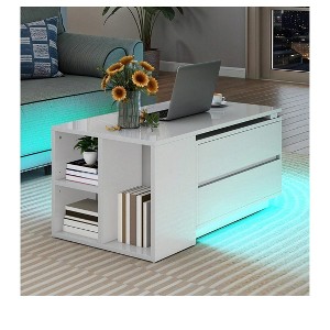 Convertible Wooden Extandable LED Coffee Table with 4 Storage Drawers & Open Shelves For Living Room White - 1 of 4