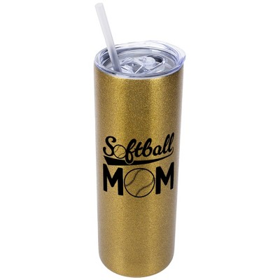 Elanze Designs Vegas Gold 20 Ounce Double Wall Stainless Steel Glitter Travel Tumbler With Sliding Lid And Straw, Softball Mom