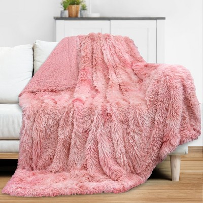 PAVILIA Fluffy Faux Fur Reversible Throw Blanket for Bed, Sofa, and Couch, Tie-Dye Pink/Throw - 50x60