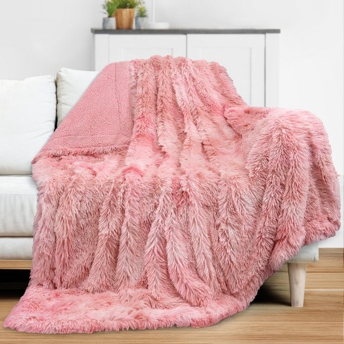 PAVILIA Fluffy Faux Fur Reversible Throw Blanket for Bed Sofa and Couch Tie Dye Pink Twin 60x80