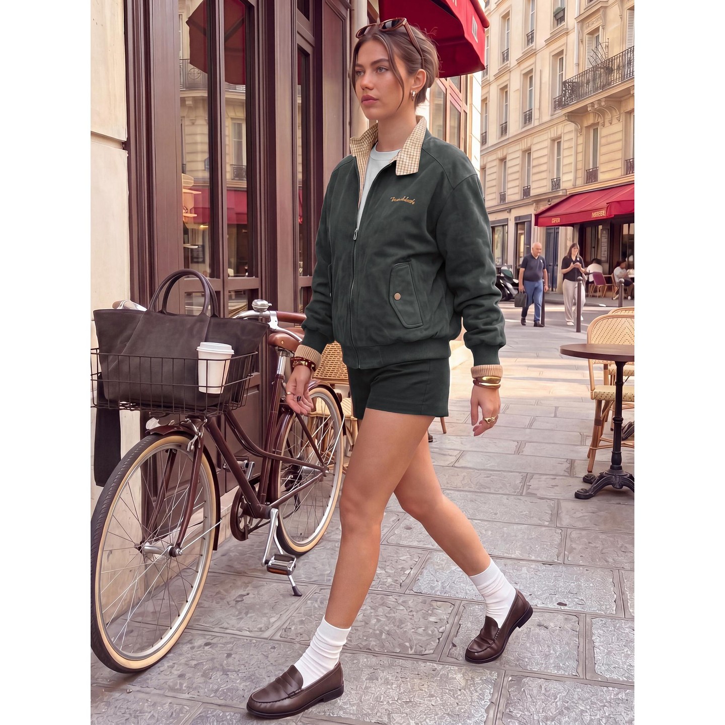 Женские куртки INSPIRE CHIC Plaid Faux Suede Contrast Color Elastic Cuff Lined Casual Dual Zip Pocket Moto Bomber Coats L Gray, цвет: Серый — фото 4