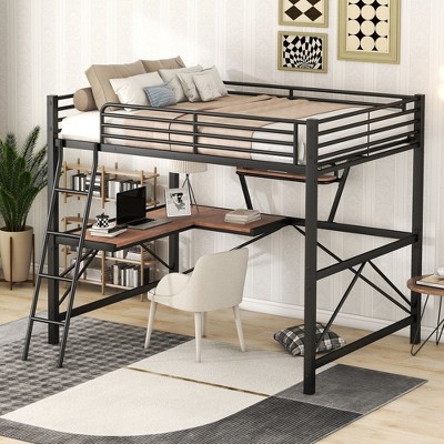 Okak Full Size Metal Bunk Bed with Desk and Shelf Loft Bunk Bed with Ladder & Safety Guardrail for Kids Teens, Easy Assemble, Black