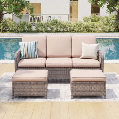Sonkuki 3 Pieces Outdoor Patio Furniture Sets, Rattan Sofa with Ottoman Wicker Set for Backyard Porch, Garden, Poolside, Balcony