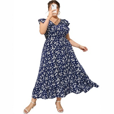 Plus Size Sleeveless Floral Hem Pocket Long Dress for Women Summer Casual Boho Maxi Dress