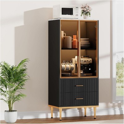 Homhougo Fluted Glass Door Cabinet with 2 Drawers & Adjustable Shelves, Modern Storage Unit for Kitchen or Living Room