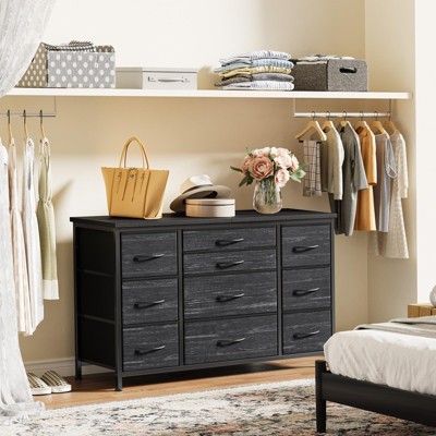 Wide dresser with 10 large drawers, doubles as a 55'' TV stand with power outlet; sturdy metal frame for bedroom, closet, or entryway，Black.