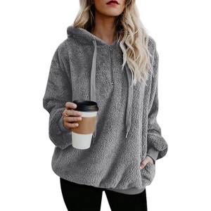 Women's Solid Hooded Long - Sleeve Pullover Fleece Top - 1 of 4