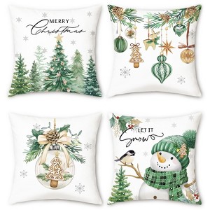 Merry Christmas Throw Pillow Covers 18x18 Inch Green Pine Trees Snowman Xmas Balls Ornaments - 1 of 4