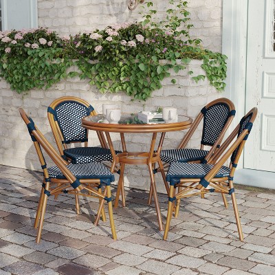 Navy and White Glass Top Bistro Set with Natural Aluminum Frame