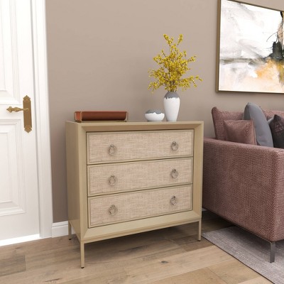 Beige Upholstered 3 Drawer Chest with Mirrored Top and Ring Handles