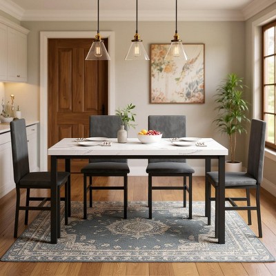 Hooseng Modern Style 5-Piece Dining Room Table And Chairs Set, Faux Marble MDF Table Top and Velvet Upholstered Chairs Dining Table Set for 4