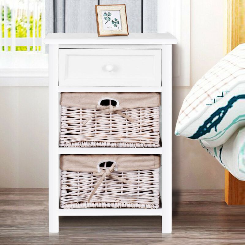Costway White Night Stand 3 Tiers 1 Drawer Bedside End Table Organizer Wood W/2 Baskets, 5 of 11