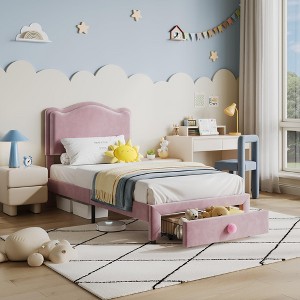 Upholstered Twin Bed Frame with Storage Drawer & Scallop Headboard, Princess Twin Size Platform Bed Frames for Kids Girls - 1 of 4
