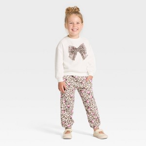 Toddler Girls' 2pc Disney Minnie Mouse Cozy Fleece Animal Prints Sweatshirt with Tulle Bow and Pants Set - Ivory - 1 of 4