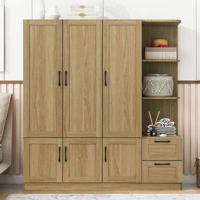 3 Doors Wooden Dat Armoire Closet With Shelves And 2 Drawers,Armoire Wardrobe With Side Storage Shelves,Wardrobe Closet -Maison Boucle