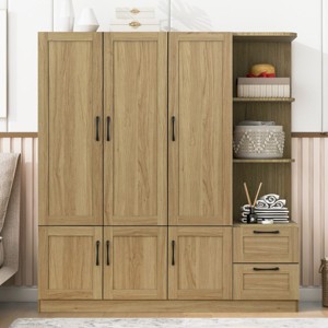 3 Doors Wooden Dat Armoire Closet With Shelves And 2 Drawers,Armoire Wardrobe With Side Storage Shelves,Wardrobe Closet -Maison Boucle - 1 of 4