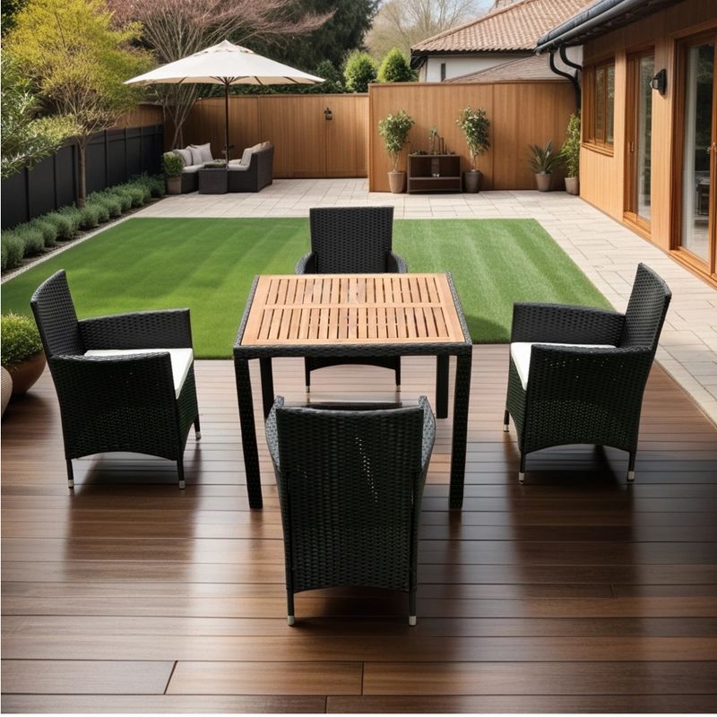 5-Piece Patio Wicker Dining Set, Outdoor Furniture with Acacia Wood Top Table, Black+Creme 4M - ModernLuxe, 2 of 13