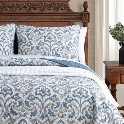 Full Blue Cotton Reversible Quilt Set