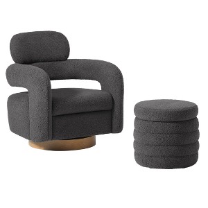 WestinTrends Alexandria Mid-Century Modern Faux Shearling Swivel Barrel Accent Chair With Storage Ottoman - 1 of 4