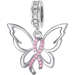 Sterling Silver Pink Ribbon Butterfly Charm with CZ - Breast Cancer Awareness Bead for Bracelets - 1 of 4