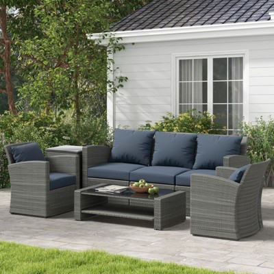 ELJGET Patio Furniture Set, 5 PCS Wicker Outdoor Conversation Set with 2 Coffee Tables for Backyard, Poolside, Garden