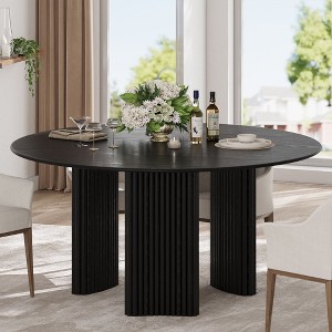 PexFix 60" Modern Round Dining Table with Striped Column Legs Solid Wood Kitchen Table Anti-Scratch Footpads for Dining Room & Kitchen Bar in Black - 1 of 4