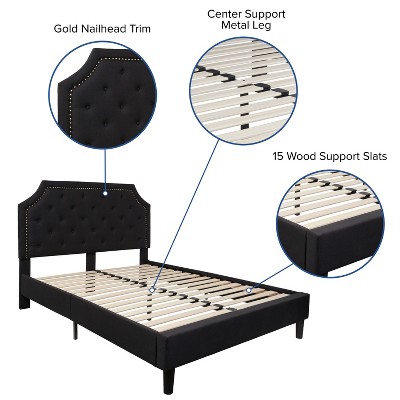 Elegant Queen-Sized Black Fabric Upholstered Bed with Nailhead Trim
