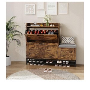White- Shoe Cabinet With 2 Flip Drawers & Padded Seat Cushion, Narrow Shoe Organizer Rack For Entryway, Front Door, Foyer, Hallway Compartment Room - 1 of 4