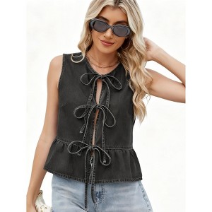Women's Denim Sleeveless Casual Vest Open Front Tie Front Cute Jean Vest Top - 1 of 4